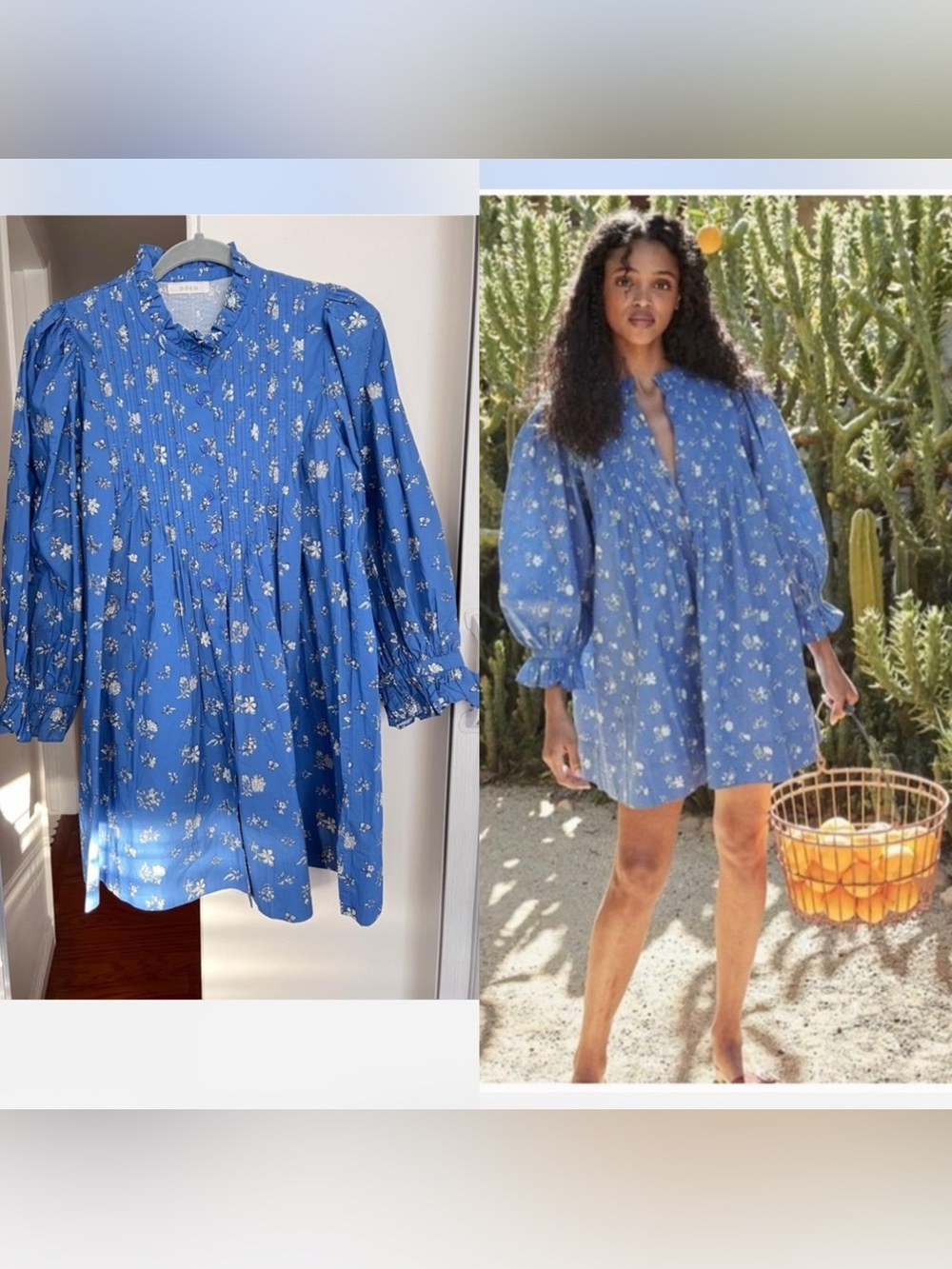 Doen Dulcie Dress Blue Floral Puff Sleeve Mini Dress, XS
